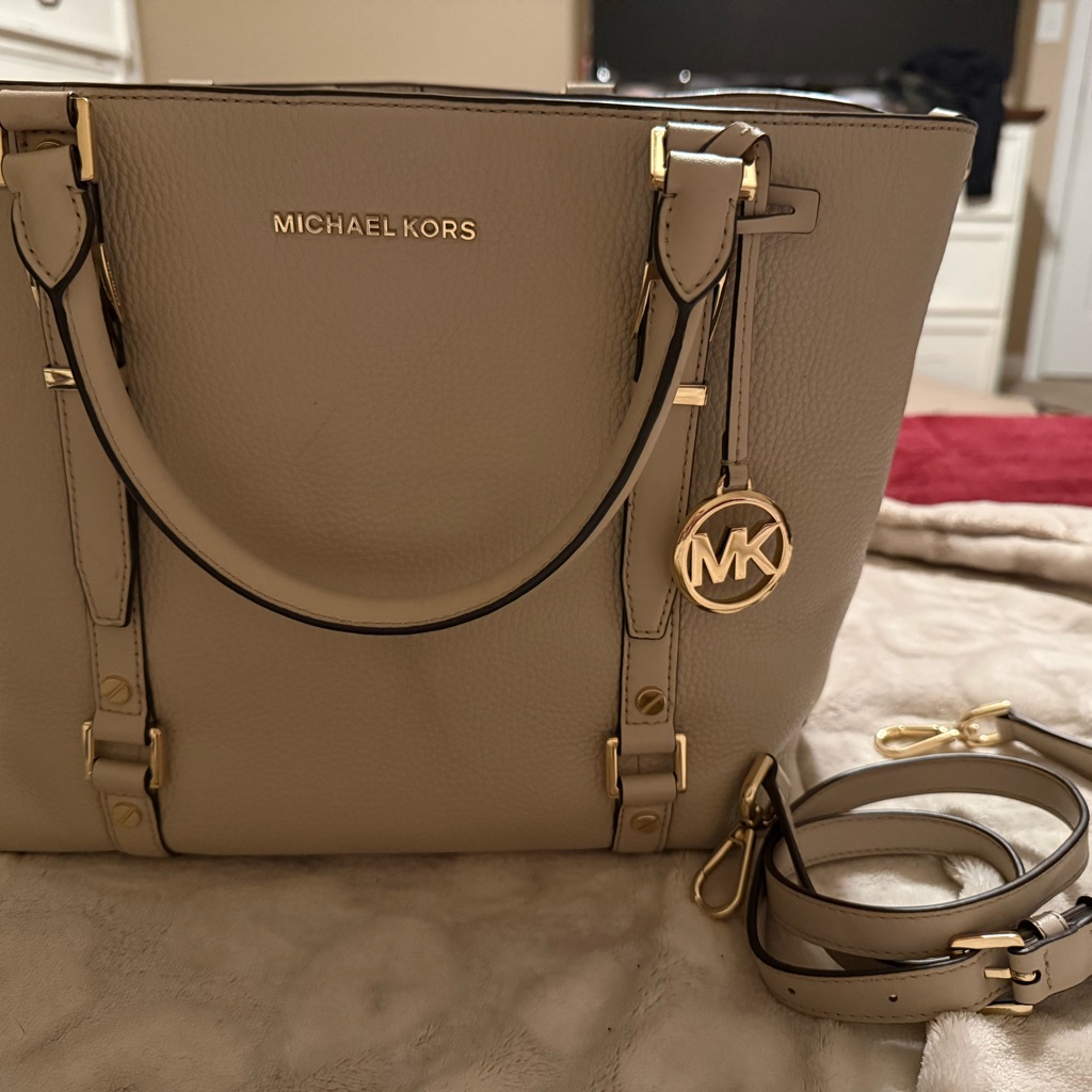 Michael Kors Taupe Leather Tote With Gold Mk Charm
